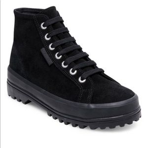 Superga All Black Suede Hi-Top Platform Sneakers